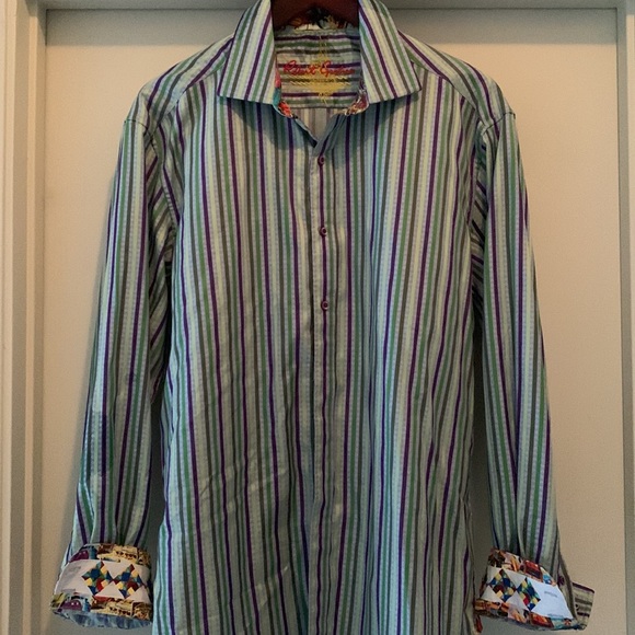 Robert Graham Flip Cuff Multicolor Striped Shirt Mens Size L - Picture 4 of 9